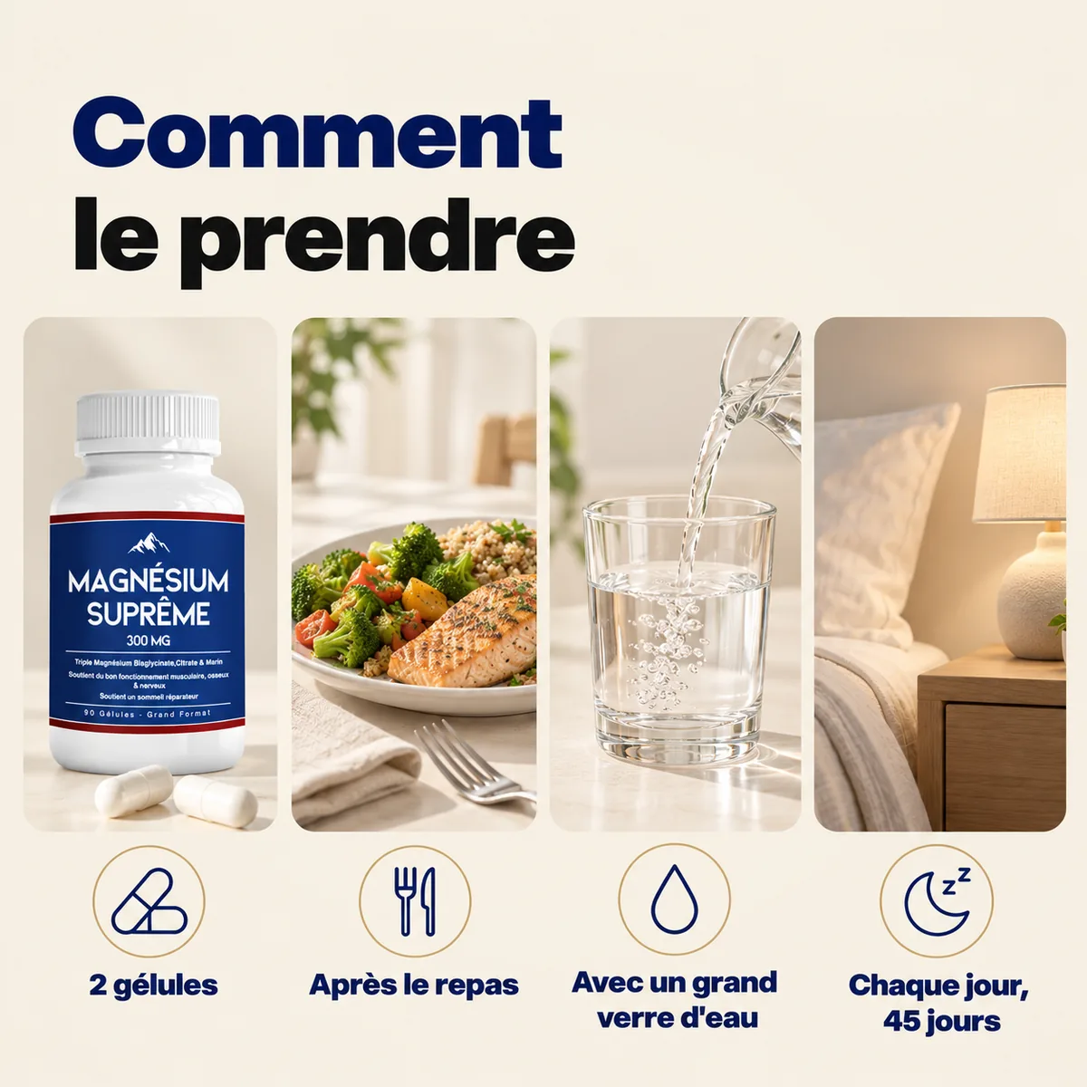 Comment le prendre : 2 gélules par jour, après le repas, avec un grand verre d’eau, pendant 45 jours